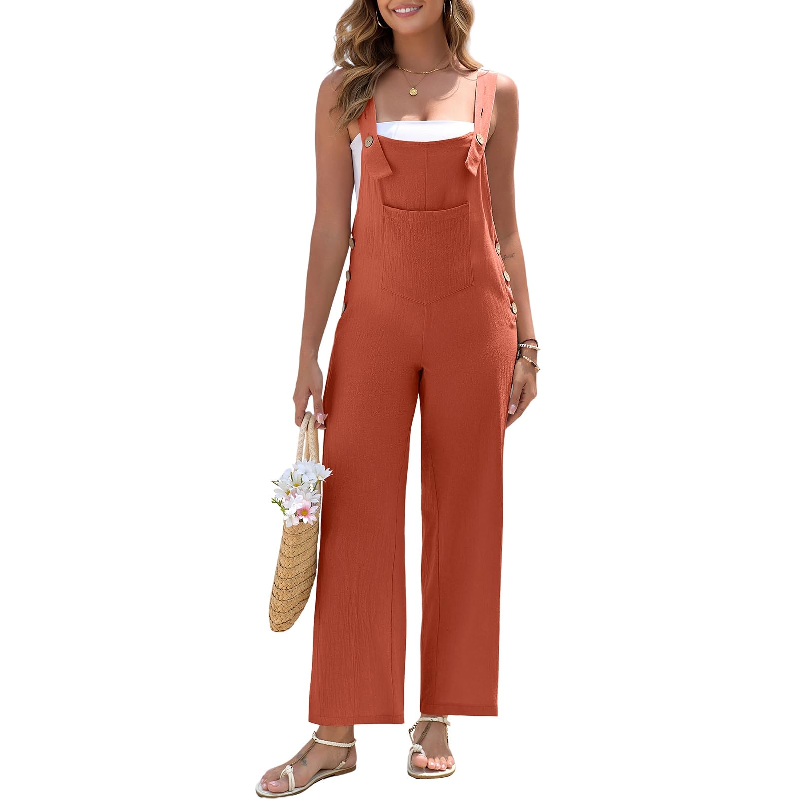 HOTIAN Salopette da donna in lino, estivo, elegante, in lino, lungo, casual, con grandi tasche
