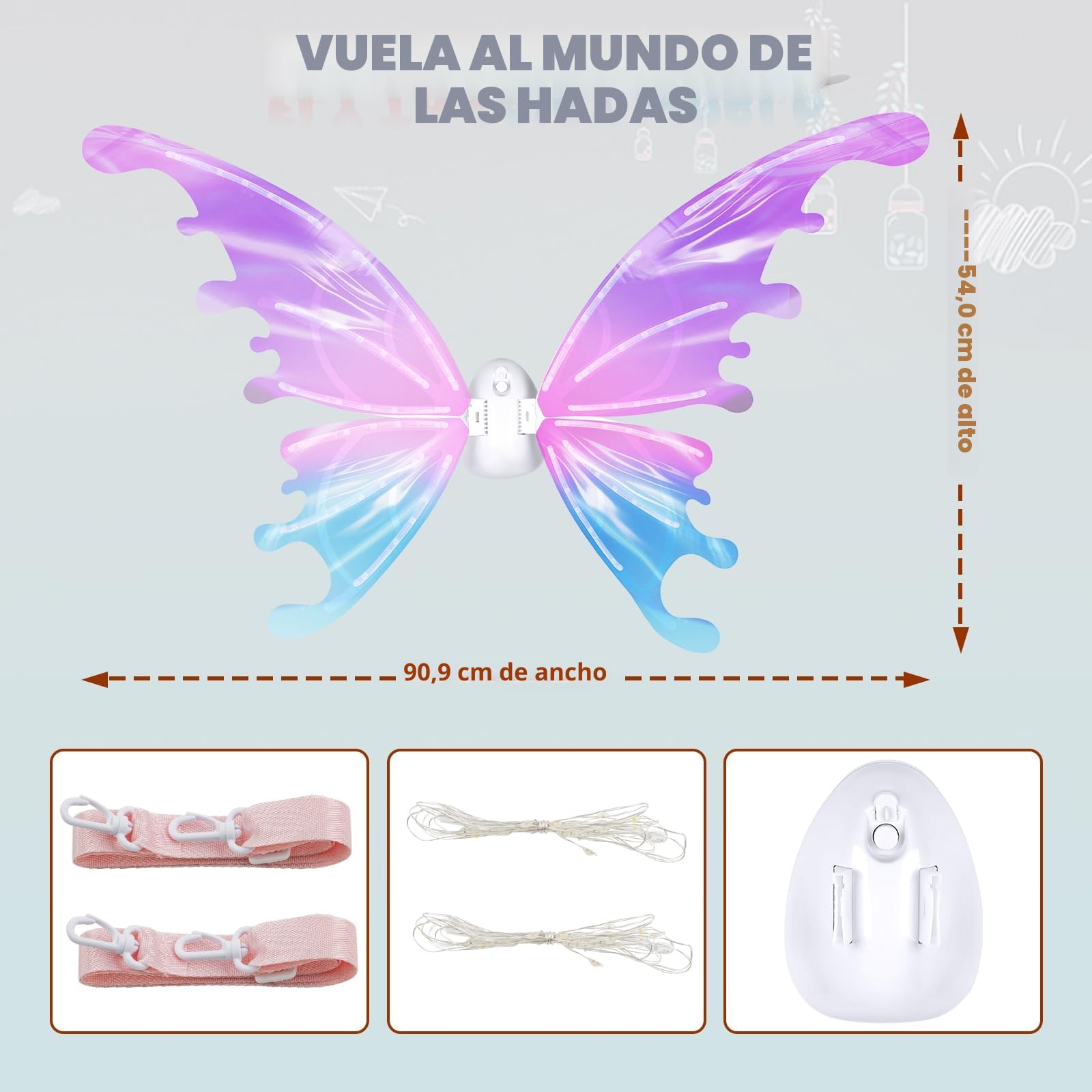 maysida 2025 Alas de Hadas Eléctricas con Luces Led y Alas de Mariposa para niñas y Mujeres, Mariposa Móviles y Musicales, Disfraz de Hadas, Cosplay, Regalo para Halloween, Cumpleaños o Carnaval