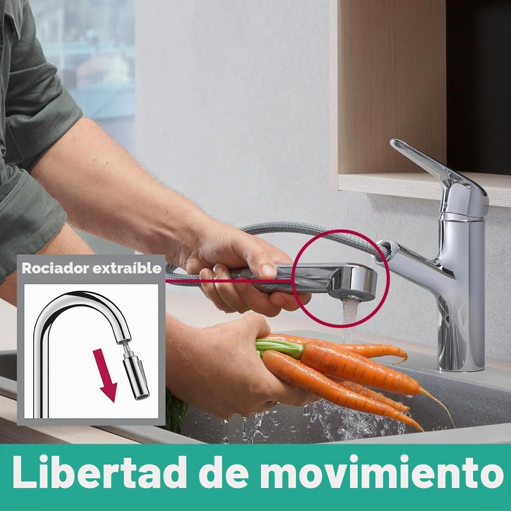 hansgrohe Focus M42 - grifo de cocina con ducha extraíble, 1 tipo de chorro, altura del caño 150 mm, grifo cocina fregadero con caño giratorio, cromo, 71814000