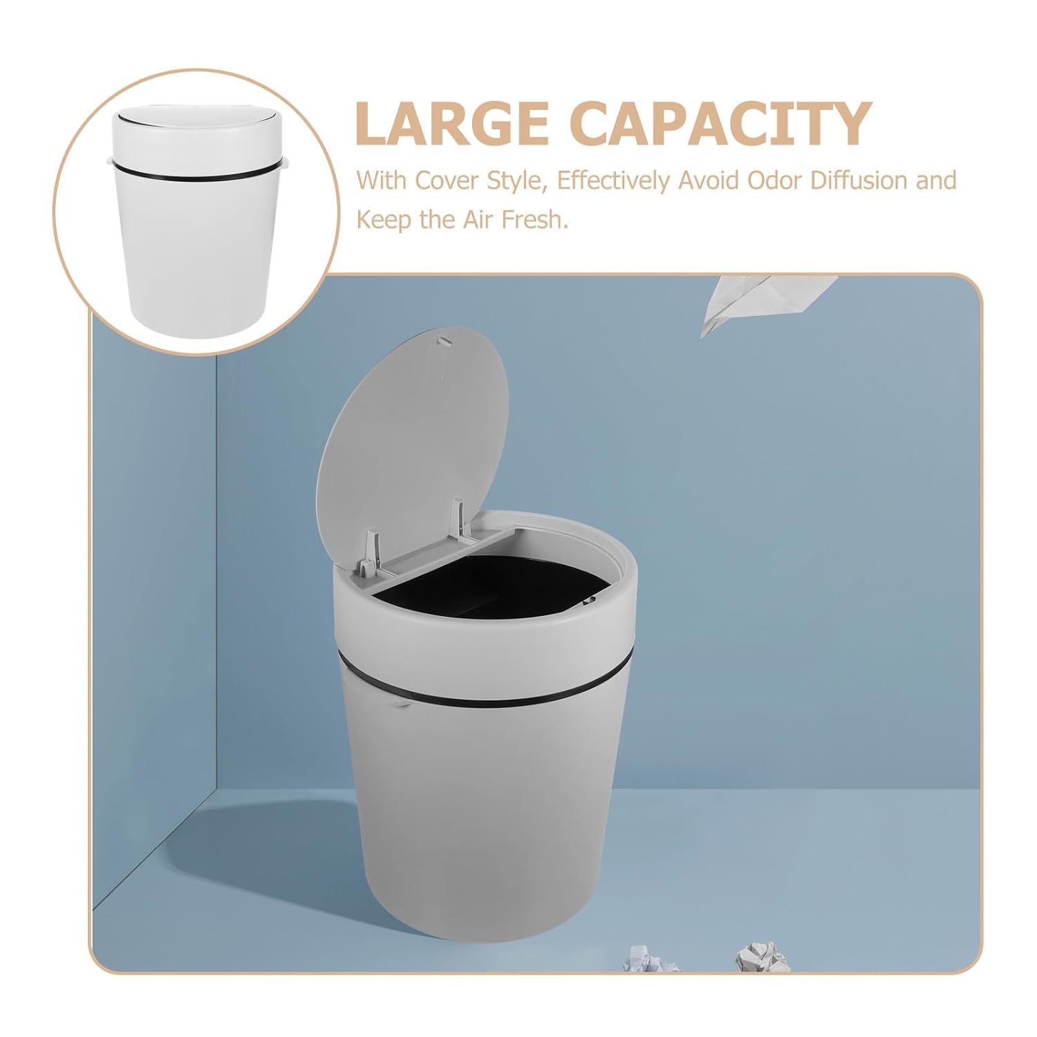 Bathroom Trash Can with Lid, 5.3 Gallon Plastic Garbage Bin for Kitchen, Bedroom, Toilet, Gray Covered Wastebasket for Home Storage and Organization
