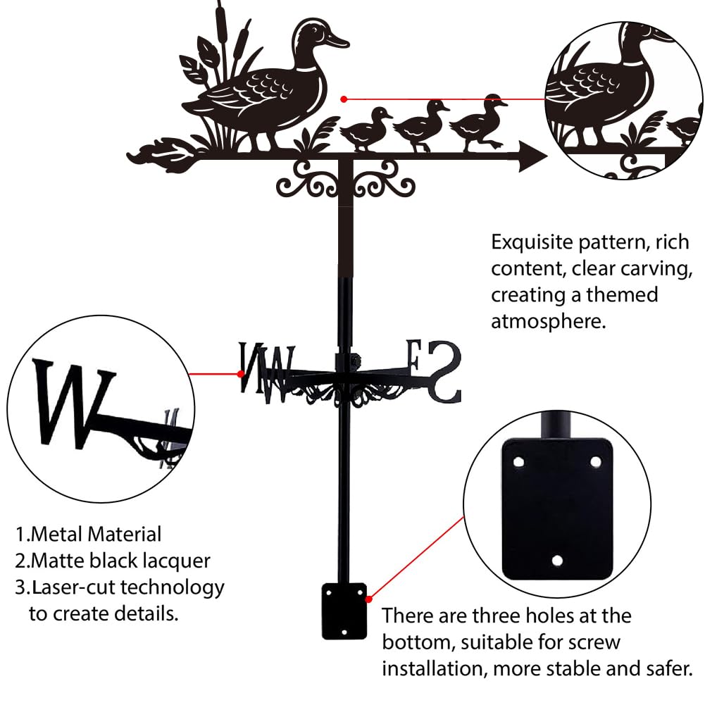 Girouette en Forme de Canard Montée sur Le Toit Indicateur de Direction du Vent en Métal pour L'Extérieur Décor de Jardin Noir en Forme d'animal de Ferme Girouette en Fer pour Patio