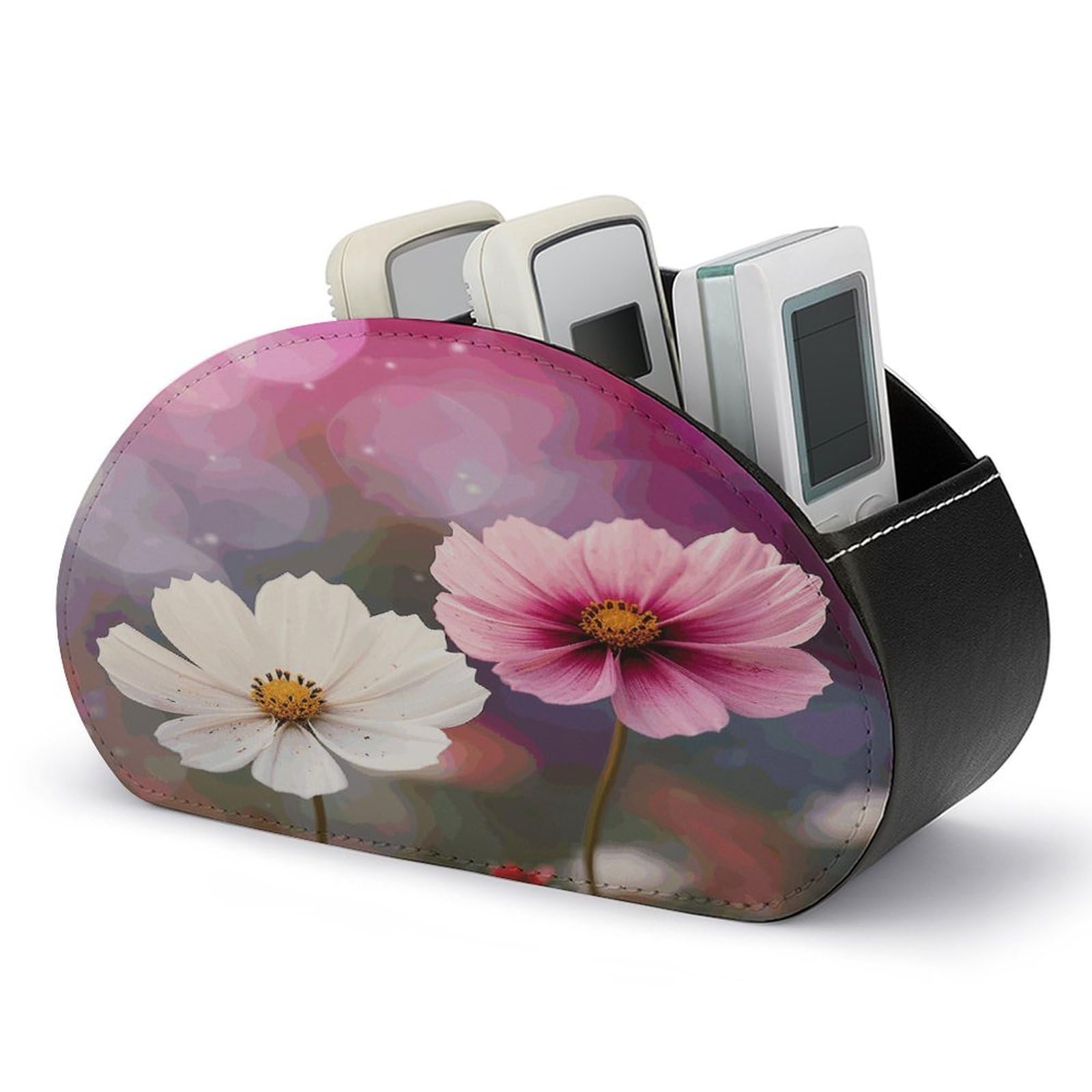 FekiLoot Two Peach Flowers Remote Control Holder with 5 Compartments Multi-functional TV Remote Caddy Organizer Leather TV Remote Holder Desktop Organizer Store for Bedside Table Office Desk