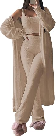 Fixmatti Womens Fuzzy 3 Piece Sweatsuit Open Front Cardigan Crop Tank Tops Wide Legs Pants Lounge Sets