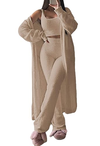 Fixmatti Women's Fuzzy 3 Piece Sweatsuit Open Front Cardigan Crop Tank Tops Wide Legs Pants Lounge Sets - Small - Camel