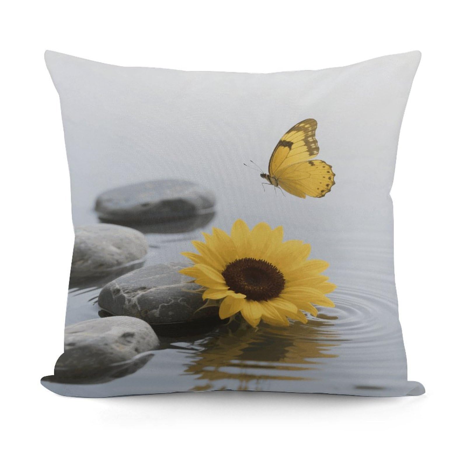 Yellow Flower Butterfly with Zen Stone Pillow Cover with Invisible Zipper Square Throw Pillowcase Plush Couch Sofa Pillow Case 18x18 Inch Decorative Throw Cushion Covers for Sofa Living Pillowcover