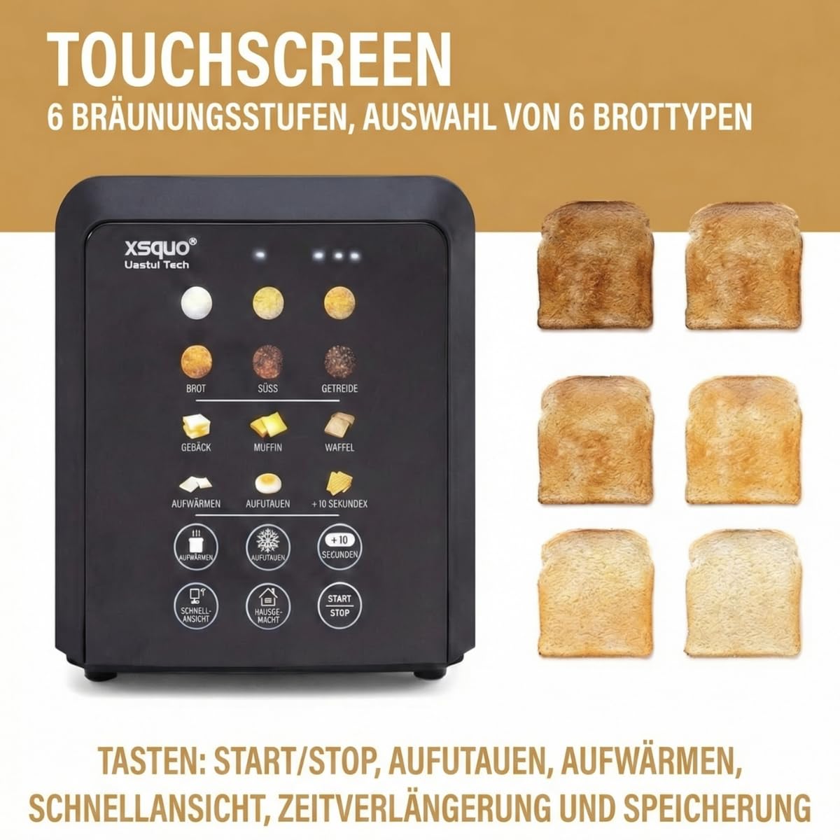 Digitaler Langschlitztoaster mit Touchscreen, Auto-Lift Toaster Edelstahl, LED-Countdown, 1500W, Brötchenaufsatz, 6 Stufen & Auftaufunktion