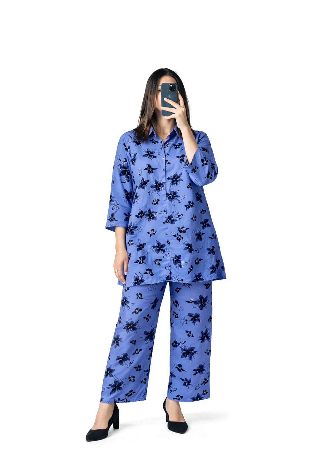 KaSwa Women's Floral Print Co-ord Set, Blue Button-Up Shirt with Wide-Leg Trousers, 2-Piece Outfit (IN, Alpha, XL, Regular)-picture-36