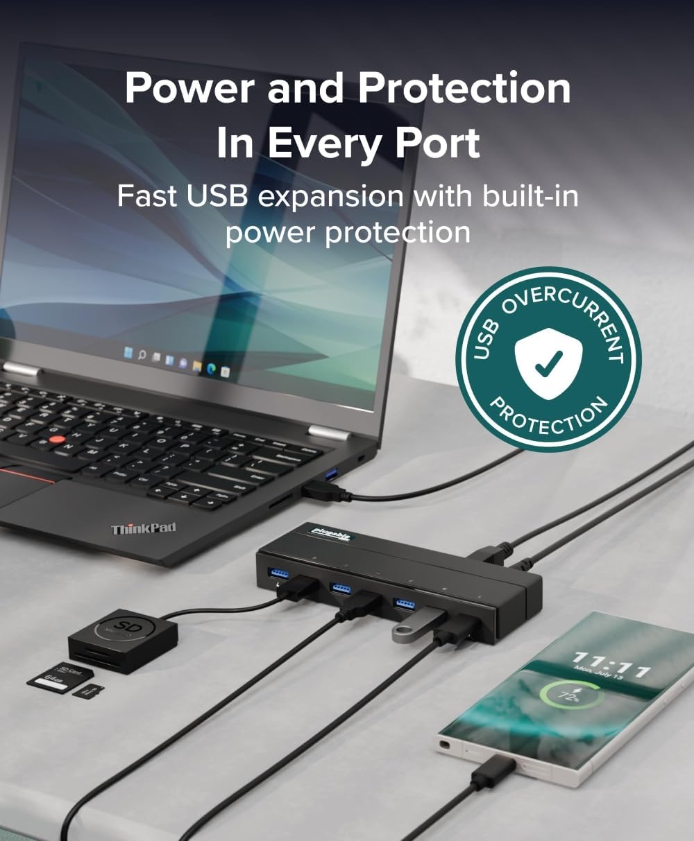 Plugable 7-Port USB 3.0 Hub with 36W Power Adapter - Driverless - Effortlessly Connect Devices and Transfer Data at High Speeds