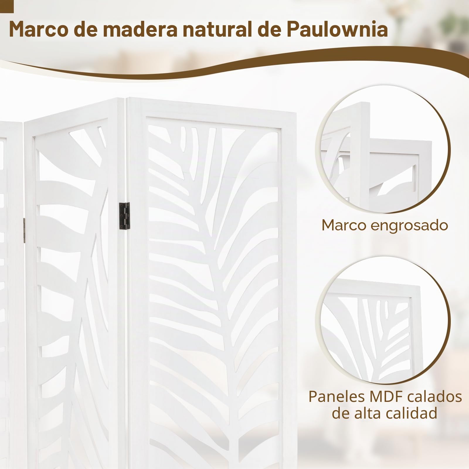 GIANTEX Biombo Plegable de Madera de Paulownia, 3 Paneles, Separador de Privacidad con Patrones Elegantes, 121 x 170 cm, Divisor de Espacios para Salón, Dormitorio, Oficina (Blanco)