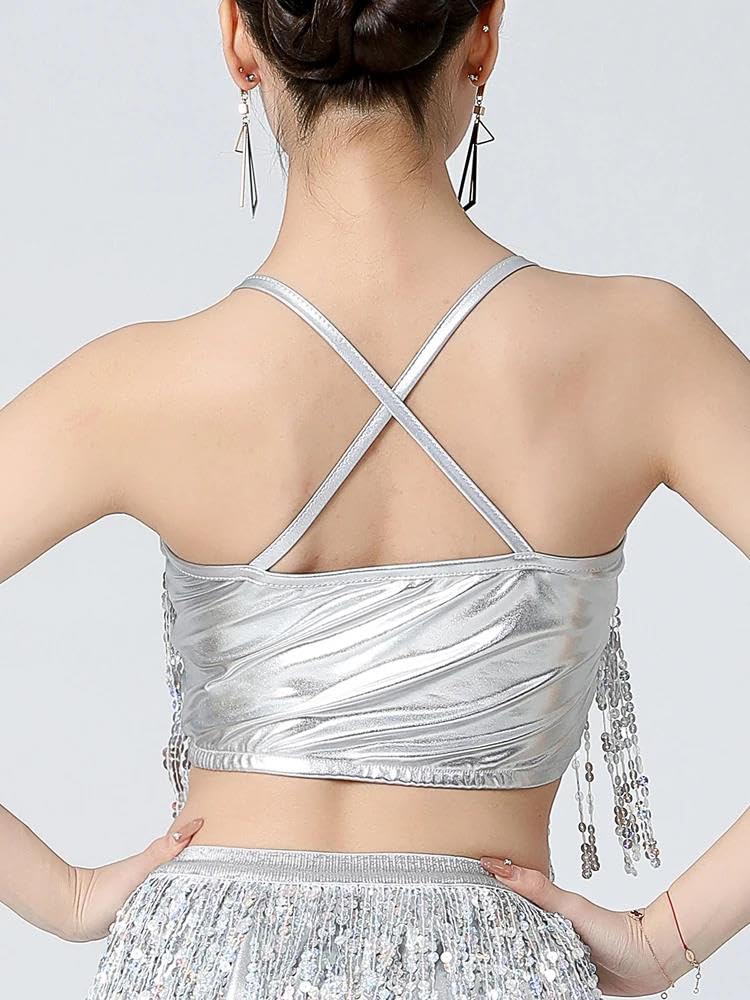 Top corto da donna con paillettes e nappe incrociate sul retro, reggiseno imbottito scintillante, per danza del ventre, rave, festival