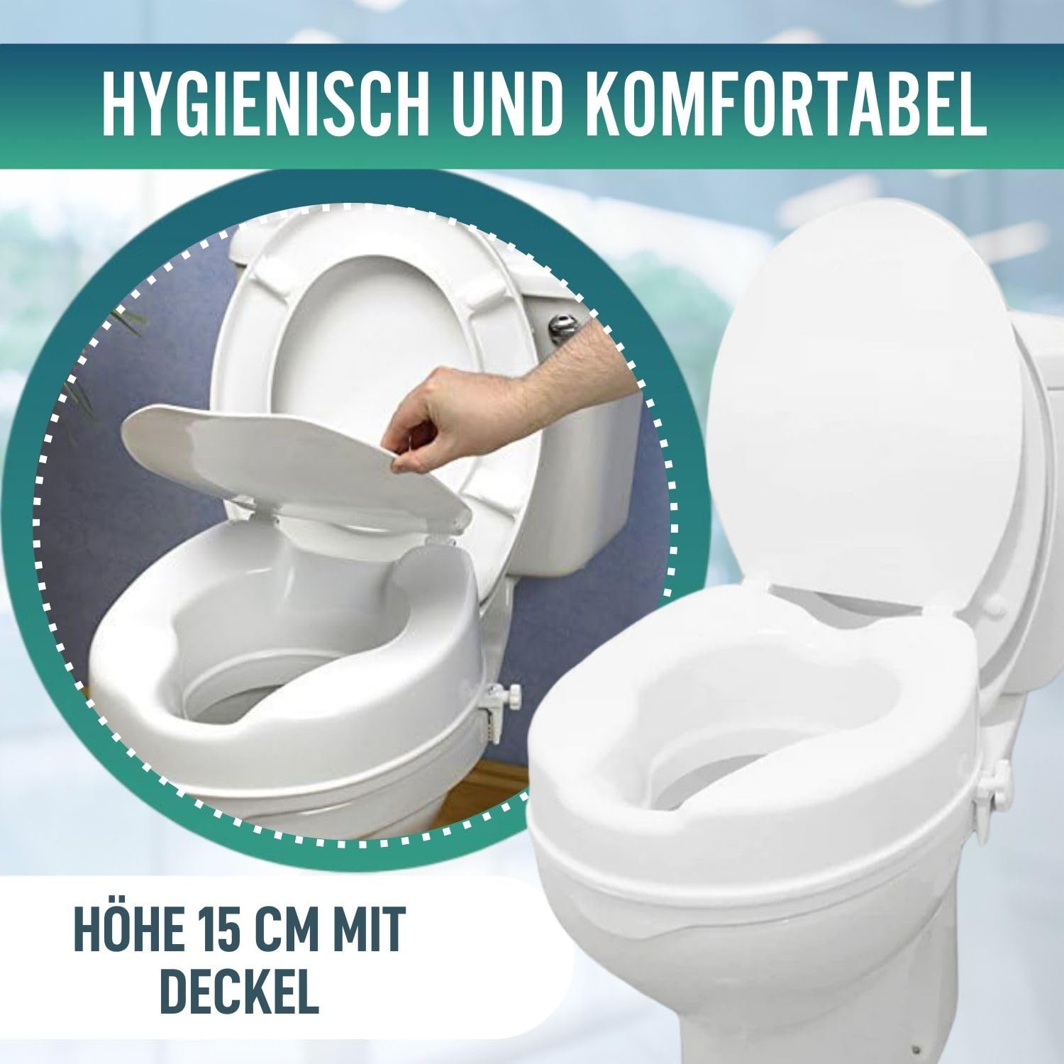 OrtoPrime WC Aufsatz 15 cm mit Deckel Toilettensitzerhöhung Universal für Senioren – Erhöhter Toilettensitz Orthopädisch – Sitzerhöhung WC für Behinderte und Menschen mit eingeschränkter