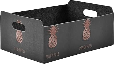 Gold Glittering Rose Pineapple Glossy Exotic Fruit on Dark Brown Rectangle Foldable Felt Storage Bin, Collapsible Cube with Handles Thick Fabric Box Organizer Clothes Supplies for Home Bedroom