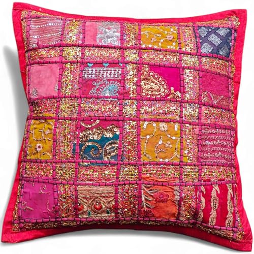 Image of Original Kikan Cushion Covers 16"x16" Indian Heavy Embroidery Sari Patchwork Square zip 40cm (RED)