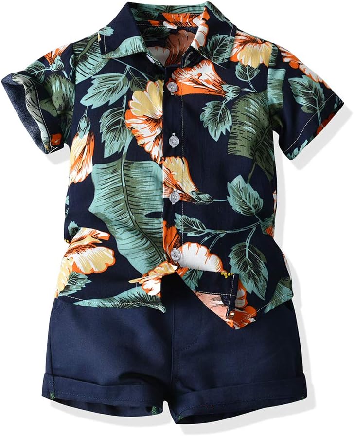 Summer Fashion Little Boys Gentleman Casual Outfit Sets Short Sleeve Printed Shirt+Shorts 2Pcs