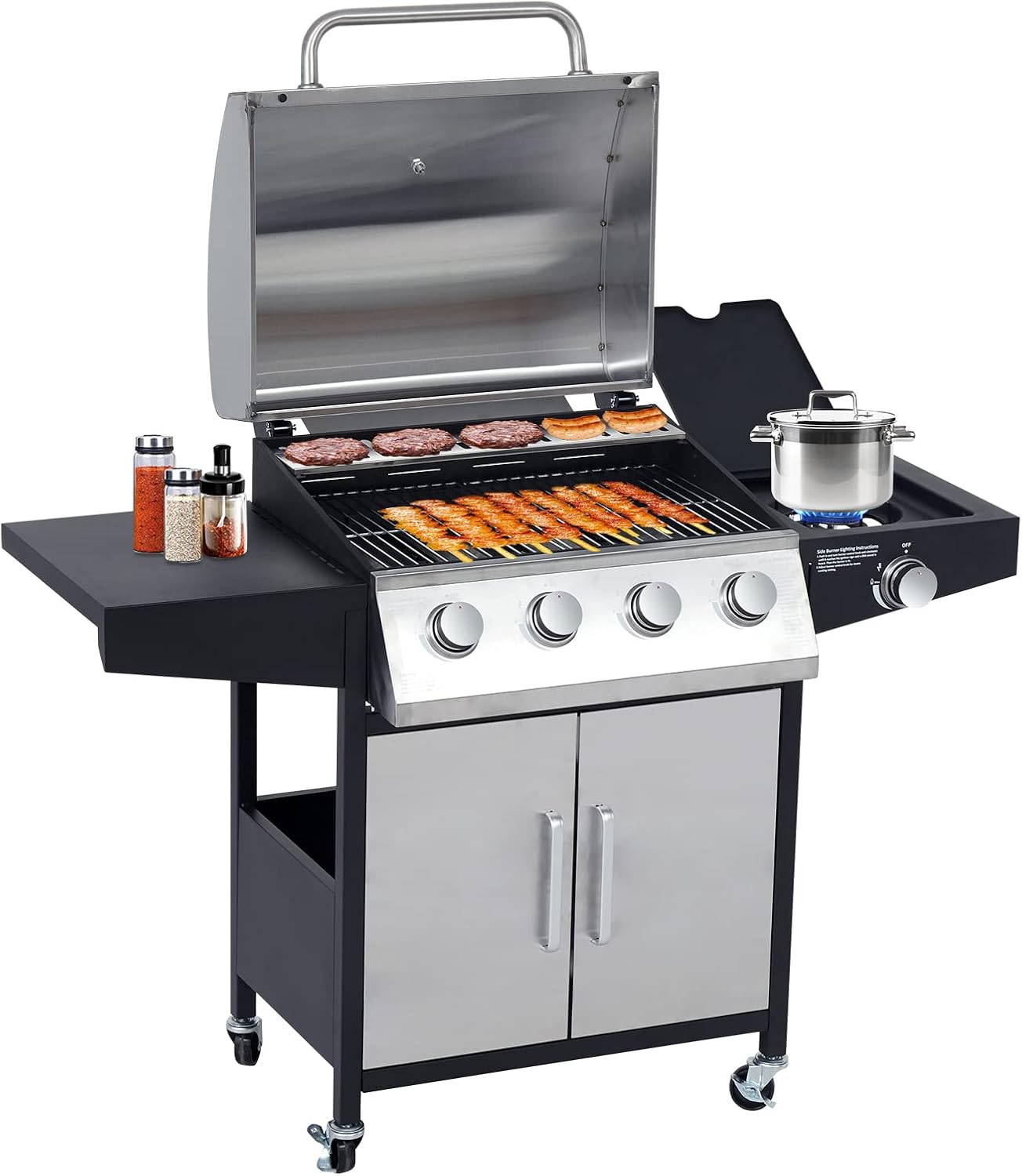 Amazon 4バーナー BBQ プロパングリル アウトドア ガスグリル サイドバーナー ステンレススチールグリル 車輪付き キャンプ料理