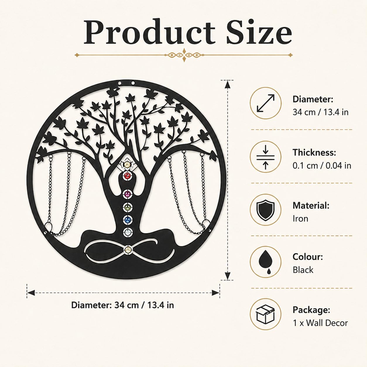 Decorazione da parete in metallo per yoga e meditazione nera, ideale come decorazione per la casa, per esterni, giardino, patio, soggiorno, camera da letto, collezione, per yoga, donna, 34 cm