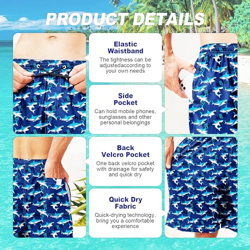 Mens Swim Trunks for Men, Cartoon Bule Shark Mens Board Shorts Swimwear Bathing Suit with Mesh Lining, Funny Hawaii Quick Dry Beach Shorts for Men Swimming Trunks, 5X-Large