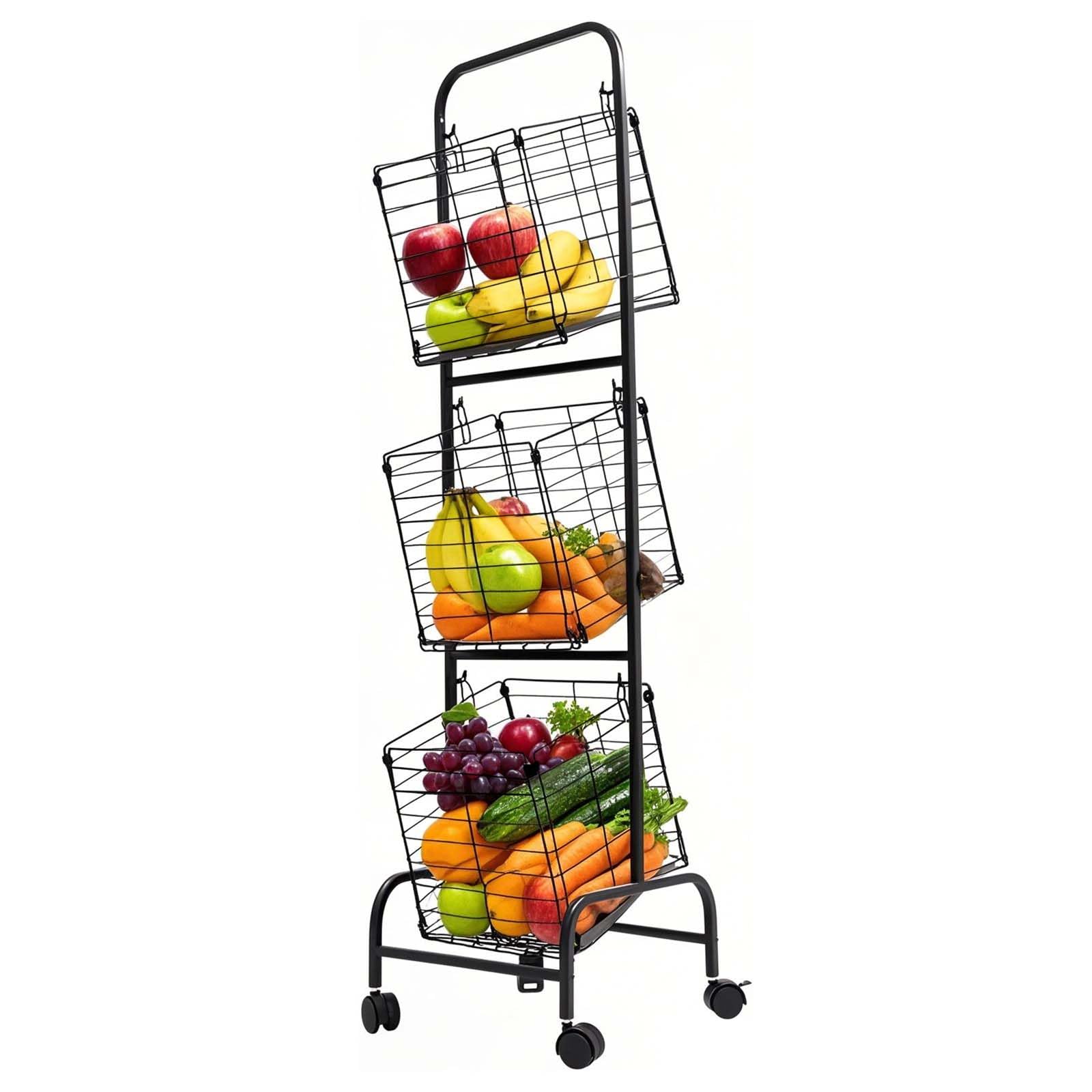 Pojemnik kuchenny z 3 poziomami, 33 x 31 x 117 cm, metalowy kosz na warzywa ze stojakiem, regał na warzywa, owoce, przekąski