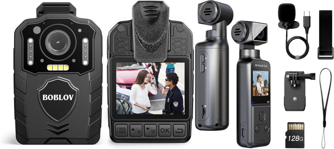 BOBLOV KJ25 1080P Body Cam, 3000mAh with 10-13Hrs Recording and 5K Body Camera with Microphone, W5 Vlogging Camera, 5K/15FPS and 4K/60FPS with 270° Rotating Lens, External Mic Support, Clip/Strap Opti