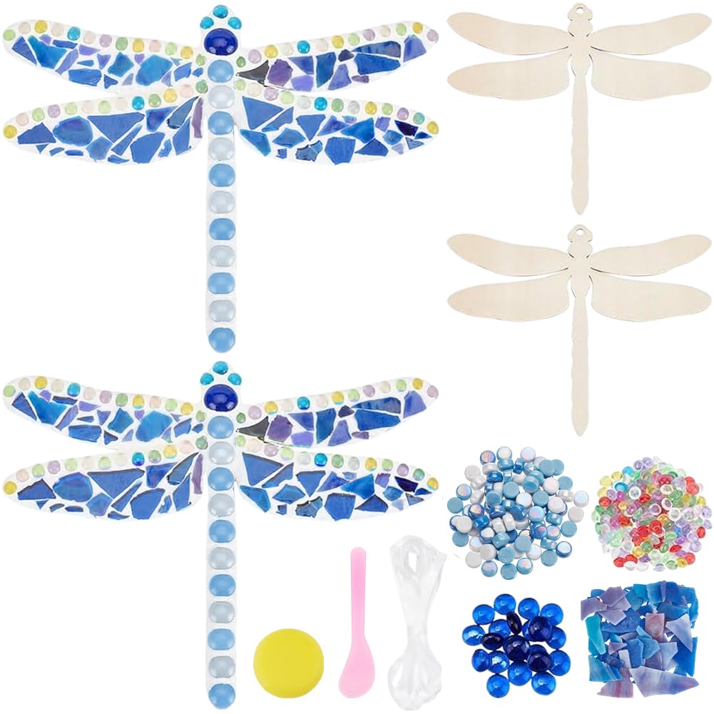 WEBEEDY 2 Sets DIY Mosaic Dragonfly Kit Creativity Dragonfly Mosaics Coaster with Wooden Bases,Glass Mosaic Tiles,Ribbon and Instruction for Adult Beginner Animal Home Hanging Wall Decor