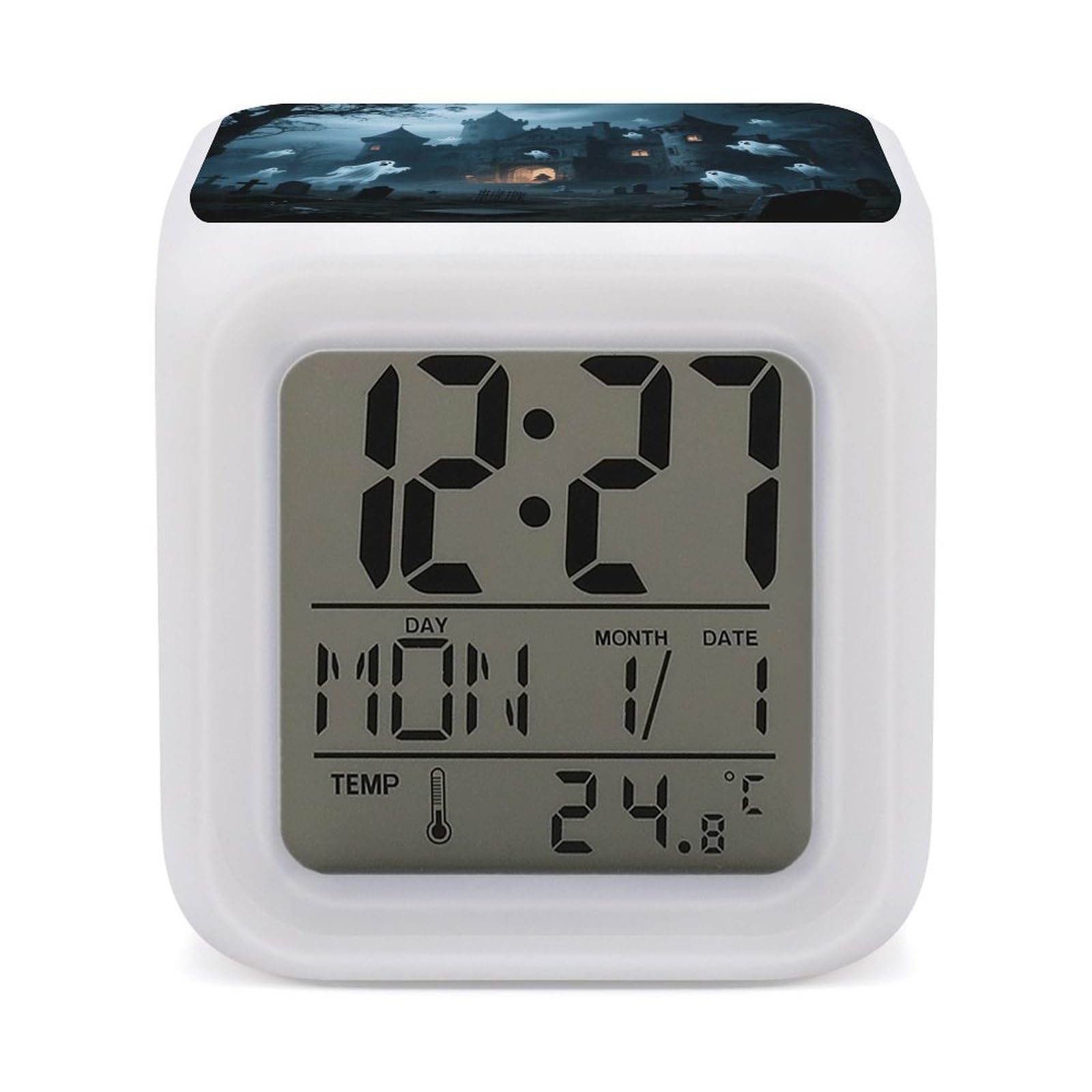 VstaDank Ghost Castle Alarm Clock Sleep Trainer 7 Color Changing Night Light Modern Touch Bedside Lamp Fashion Digital Clock with Temperature Display Wake Clocks for Loud Alarm