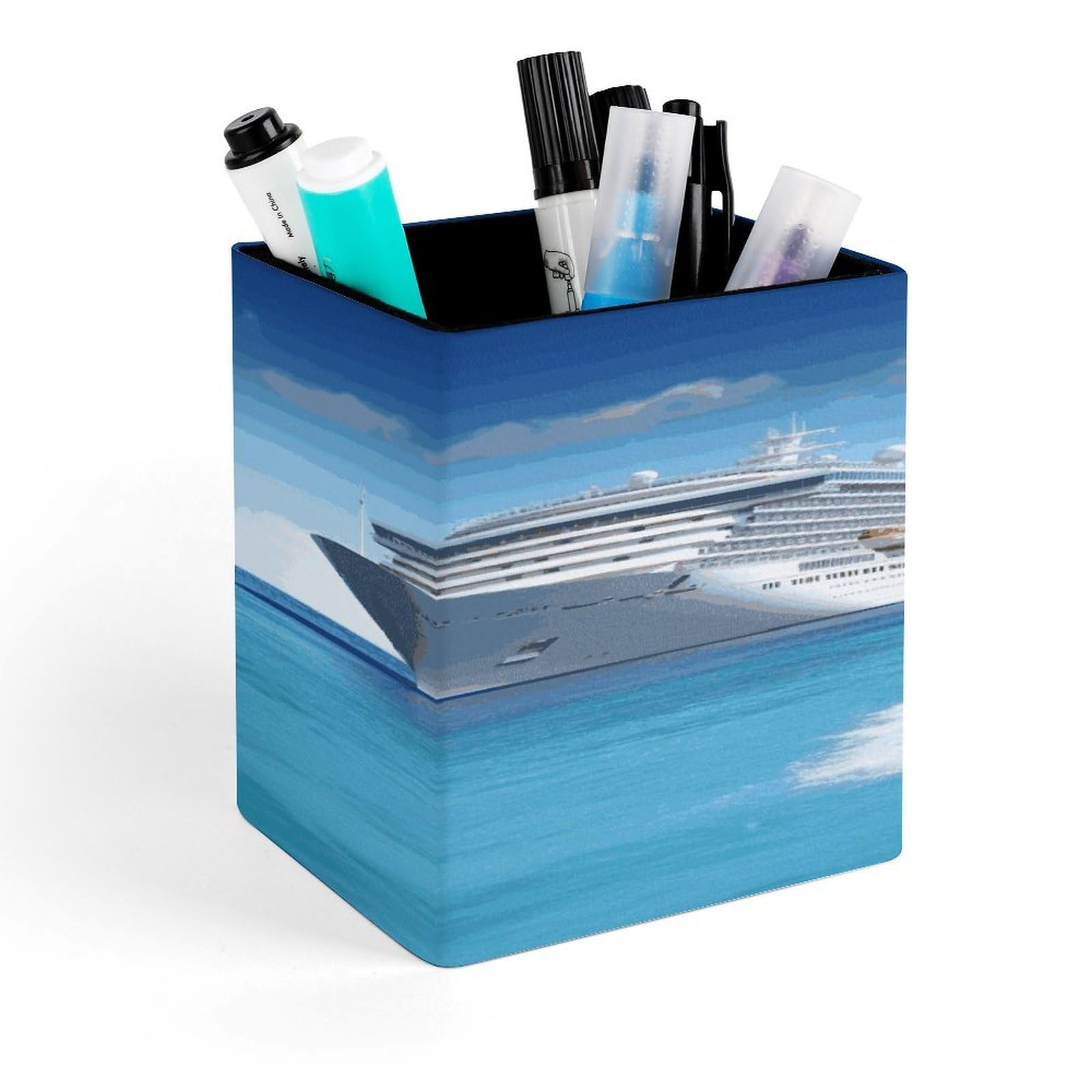 MUSM Seaside Cruise Ship Pen Holder Square PU Leather Desktop Organizer And Makeup Brush Holder Storage Box Modern Design Stationery Organizer for Office Desk Accessory