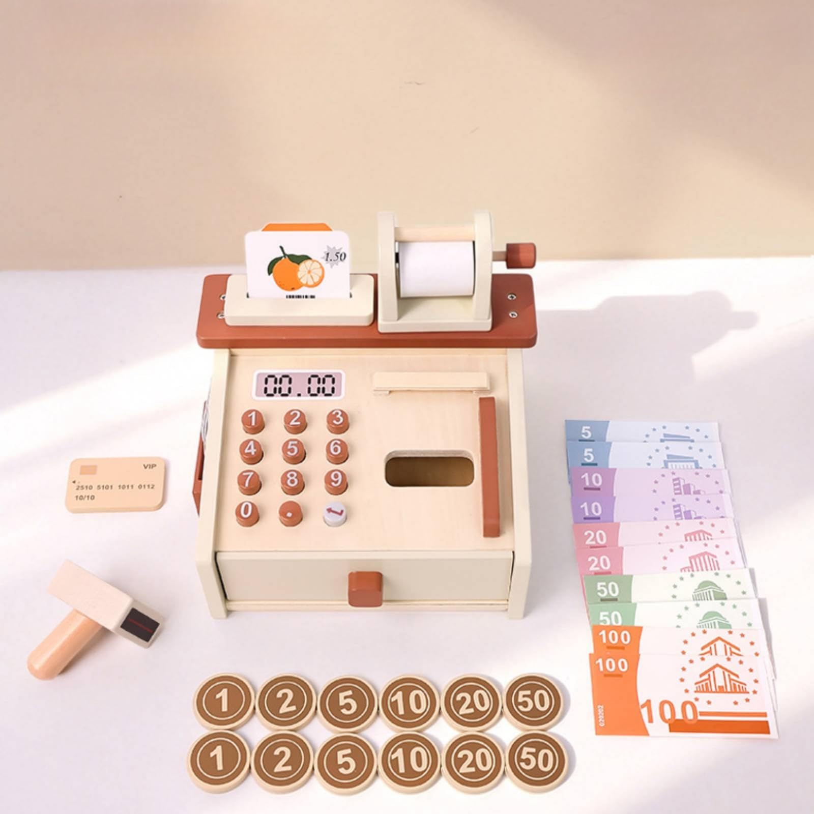 Cassa Giocattolo Bambini Cassa Registratrice Gioco Registratore Finto Set Supermercato Educativo in Legno con Cassetto Tasti Display Rullo Scontrino