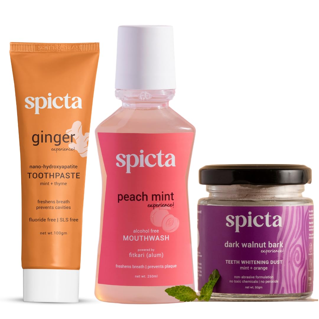Spicta Ginger Mint Natural Hydroxyapatite Toothpaste 125gm, Peach Mint Mouthwash 250ml, Walnut Bark Teeth Whitening Powder 50gm | No Peroxide, No Alcohol, Fluoride Free, SLS Free for Adults & Kids