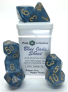 Role 4 Initiative Set of 7 Dice: Polyhedral Blue Jade Shoes w/ Gold Numbers