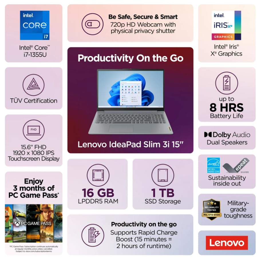 Lenovo IdeaPad Slim 3i Copilot AI Business Laptop, Lifetime MS Office, 15.6" FHD Touchscreen, Intel 10-Core i7-1355U, 16GB DDR5 RAM, 1TB SSD, Backlit KB FP Reader, Wi-Fi 6, Windows 11 Pro, w/Accessory