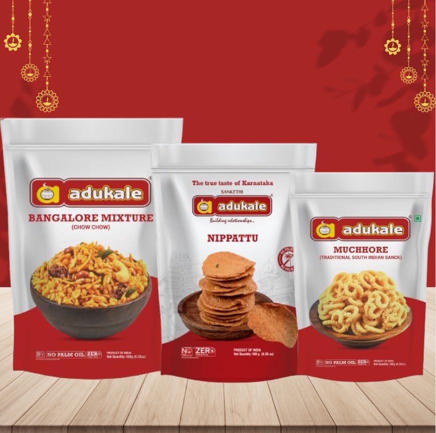 Adukale Snacks Combo - Contain 3 Items Muchhore, Nippattu & Bangalore Mixture Each Pack 180g