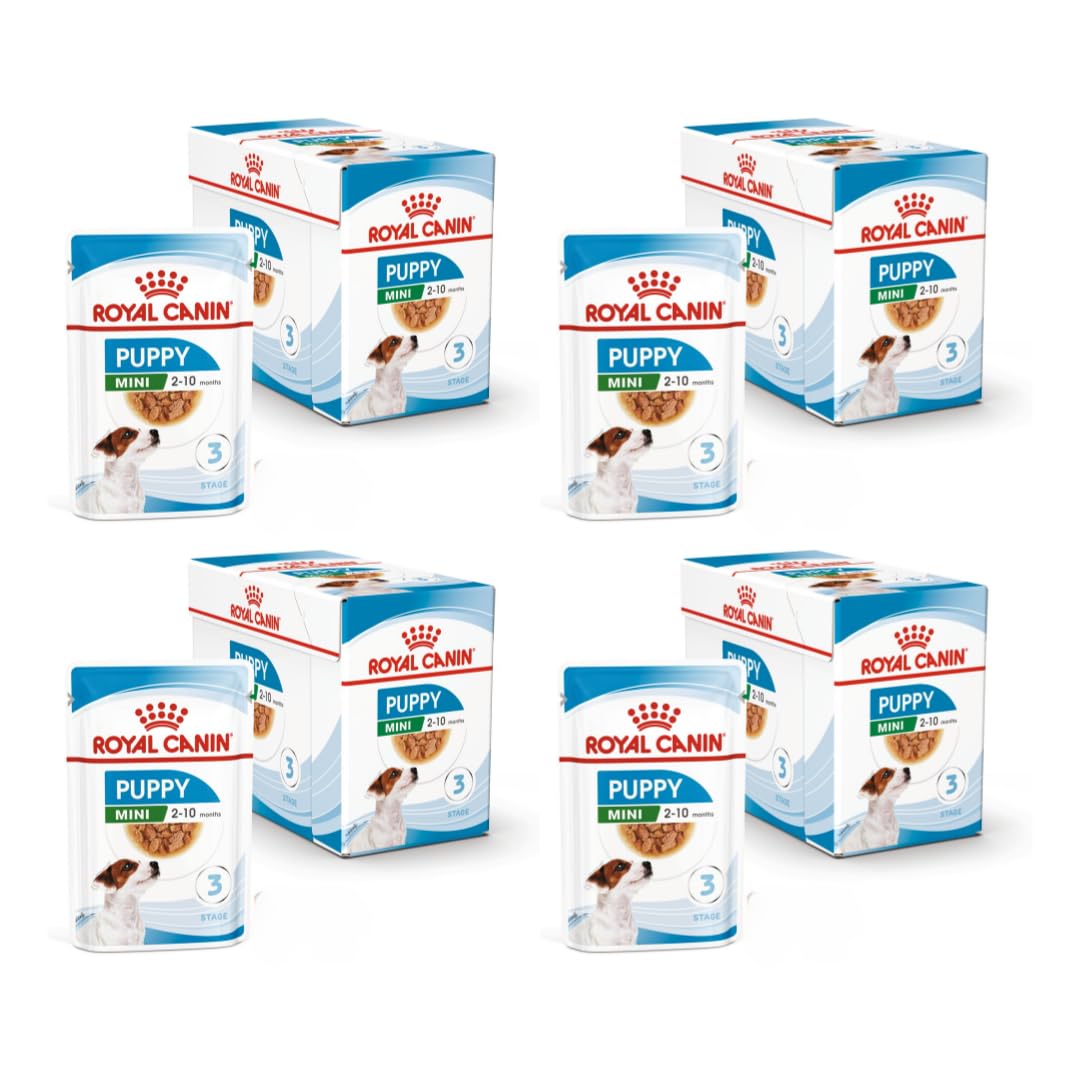 ROYAL CANIN Mini Puppy | Paquete de 4 | 4 x 12 x 85 g | Comida húmeda para Cachorros de Razas pequeñas | hasta 10 Meses de Edad | Trozos Finos en Salsa | Textura Suave para Dientes de Leche