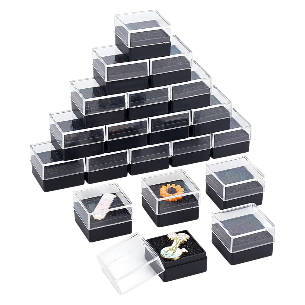 FINGERINSPIRE 20Pcs Clear Plastic Gift Box for Pin 1.22x1.22x0.87Inch Black Presentation Boxes for Badge Visible Window Case with Sponge Square Lapel Pin Presentation Display Case for Jewelry Brooch