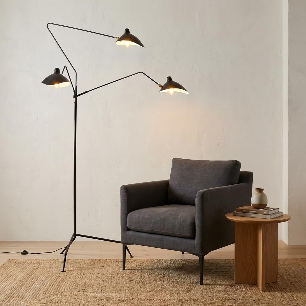 BARCELONA LED Lampa stojąca duża i wysoka czarna w stylu industrialnym vintage, 3 regulowane światła E27, solidny metal, nowoczesny retro design do salonu, sypialni, biura i kącika do czytania