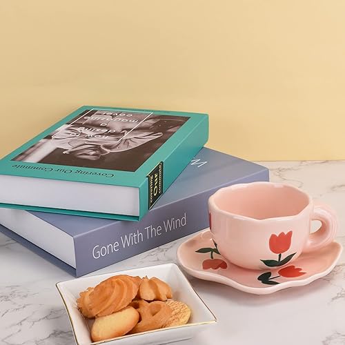Miniatura 6 de Koythin Taza de café de cerámica con platillo, lindo diseño creativo único de platillo irregular para oficina y hogar, apto para lavavajillas y