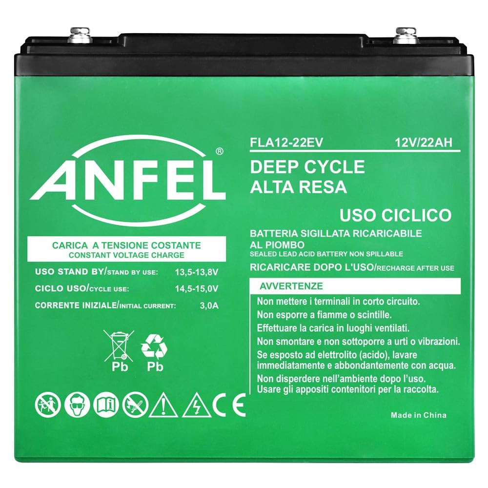 Batteria 12V 22Ah CICLICA sigillata VRLA Ricaricabile AGM Deep Cycle Senza manutezione Solare Camper Barca Nautica UPS Sicurezza Veicoli Elettrici eBike Scooter Impianti fotovoltaici SCARICA LENTA