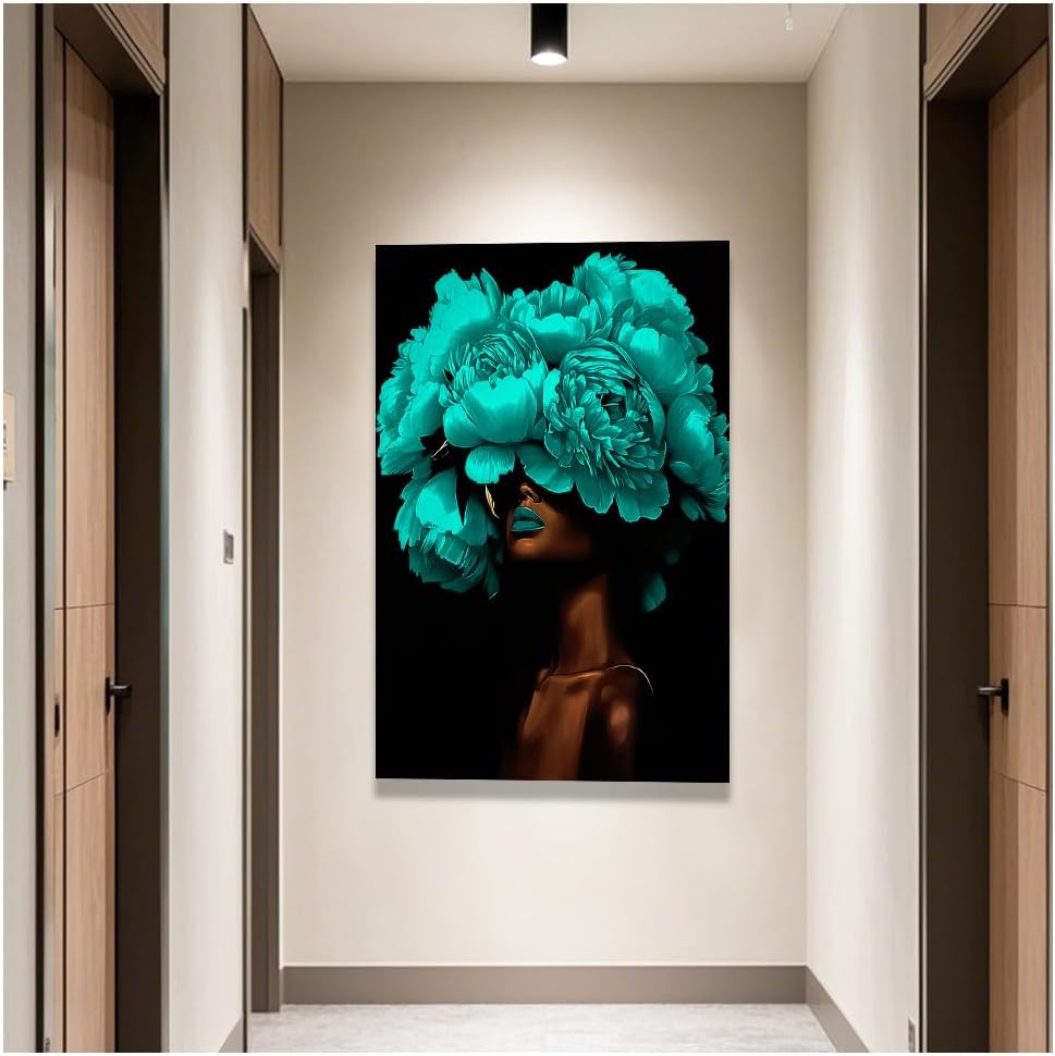 DOARTDO African American Wall Art Woman with Flowers on Head Painting Black and Teal Pictures Black Women Portrait Canvas Prints Bedroom Home Decor Framed (Teal, (12.00" x 18.00")