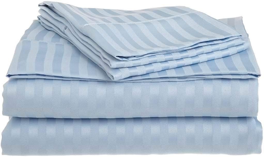 900 TC 100% Egyptian Cotton Sleeper Sofa Bed Sheet Set Stripe Full Size (54"x 72"x 7") Color Light Blue with 4 -PCS Fitted Straps Premium Quality