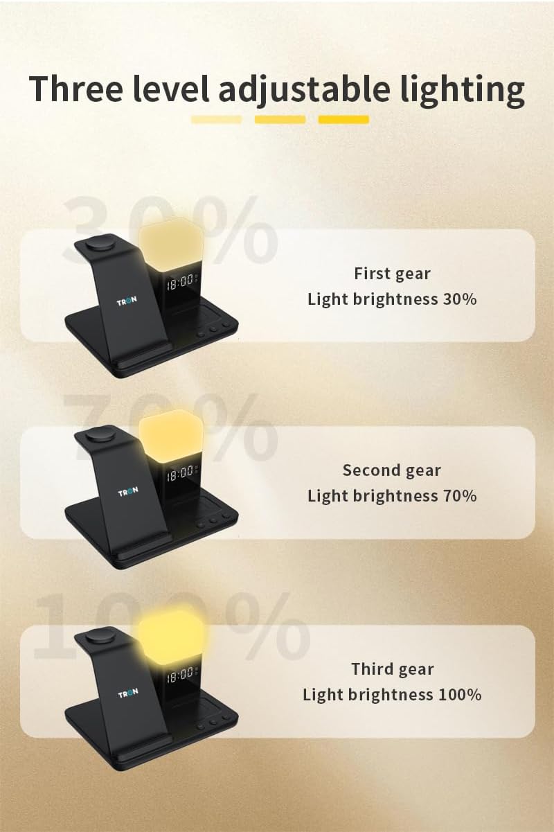 Tron Multifunction, 6 in 1- Wireless Charger Fast Charging for iPhone, Apple Watch & Airpods with Lamp & Clock TR20 Model