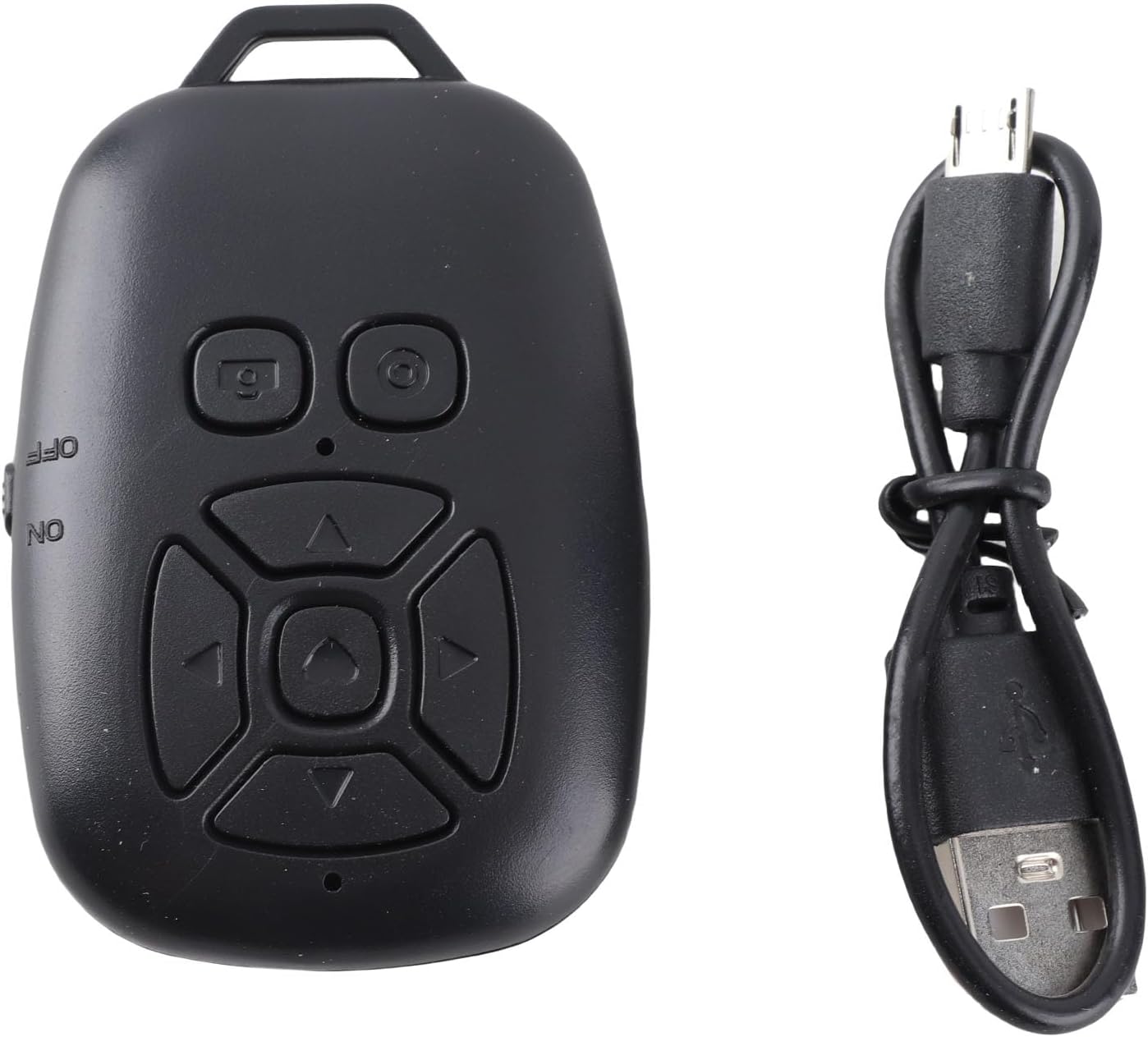 The EBTOOLS Bluetooth Remote Control alongside its USB-C charging cable, highlighting the device's compact size and charging method.