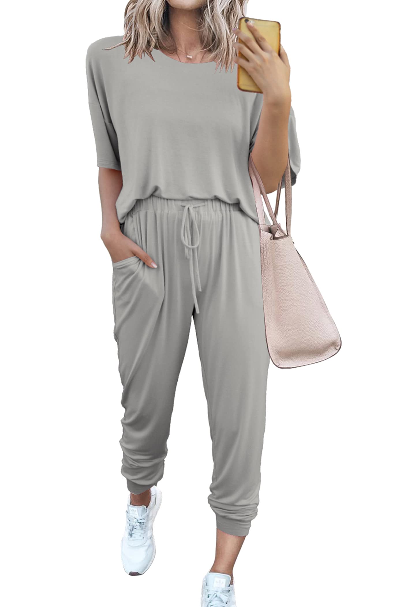 PRETTYGARDENWomen’s Two Piece Outfit Short Sleeve Pullover with Drawstring Long Pants Tracksuit Jogger Set with Pockets Light Grey