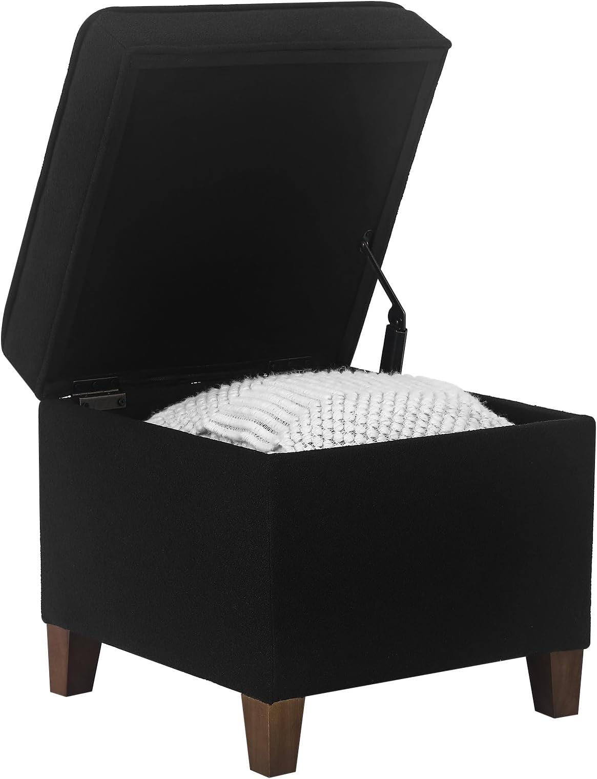 Adeco 17.5" Square Fabric Ottoman with Storage - Upholstered Cotton Linen Foot Rest - Flip Top Footstool with Sturdy Wood Legs, Small Cube Coffee Table Extra Seat for Living Room, Bedroom, Black