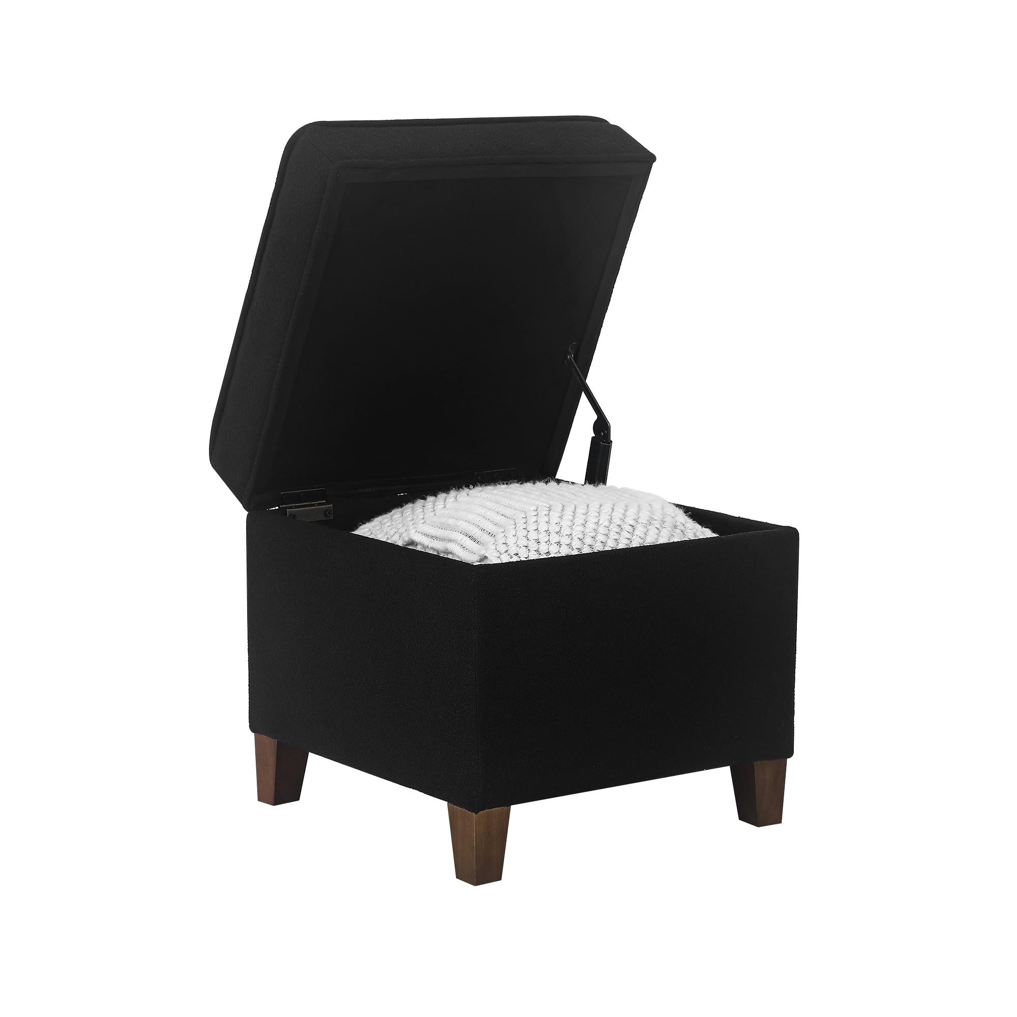 Adeco 17.5" Square Fabric Ottoman with Storage - Upholstered Cotton Linen Foot Rest - Flip Top Footstool with Sturdy Wood Legs, Small Cube Coffee Table Extra Seat for Living Room, Bedroom, Black