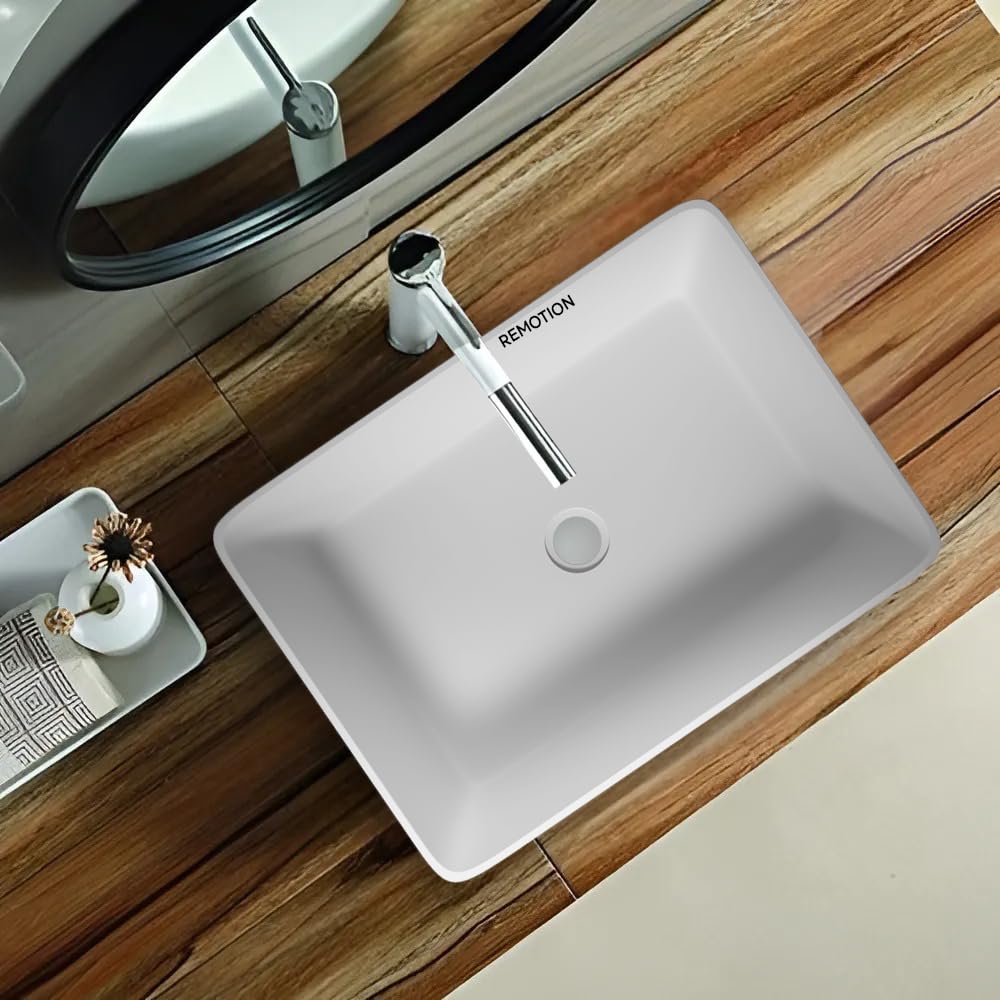 REMOTION Quartz Wash Basin Countertop | Tabletop Quartz Sink | Wash Basin Over Counter | Vessel Sink | Wash Basin for Bathroom (18 x 13 x 5.5 Inch) (White)
