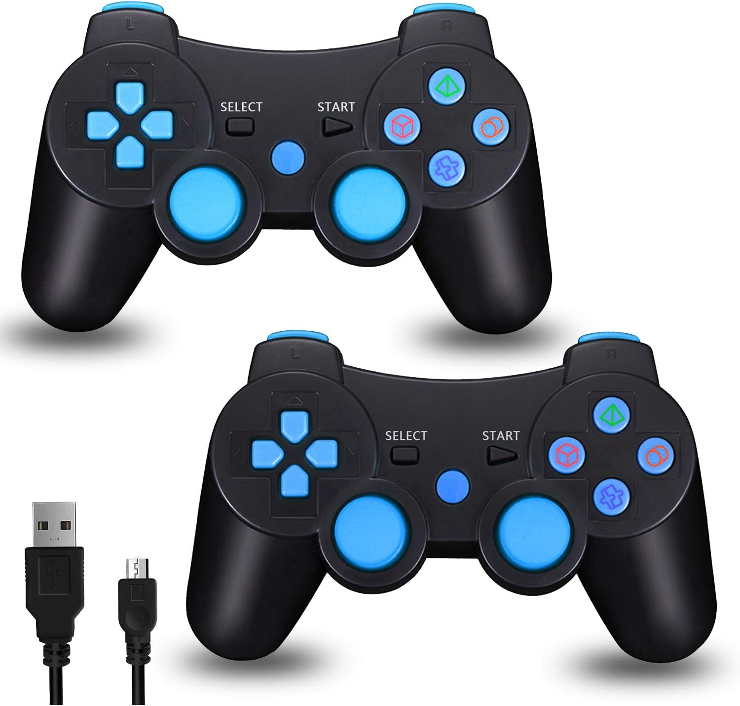 PS3 Controller Wireless Dualshock 3, TPFOON 2 Pack Double Shock Gamepad for Playstation 3 Remotes, Sixaxis Wireless PS3 Controller with Charging Cable and 4 Thumb Caps