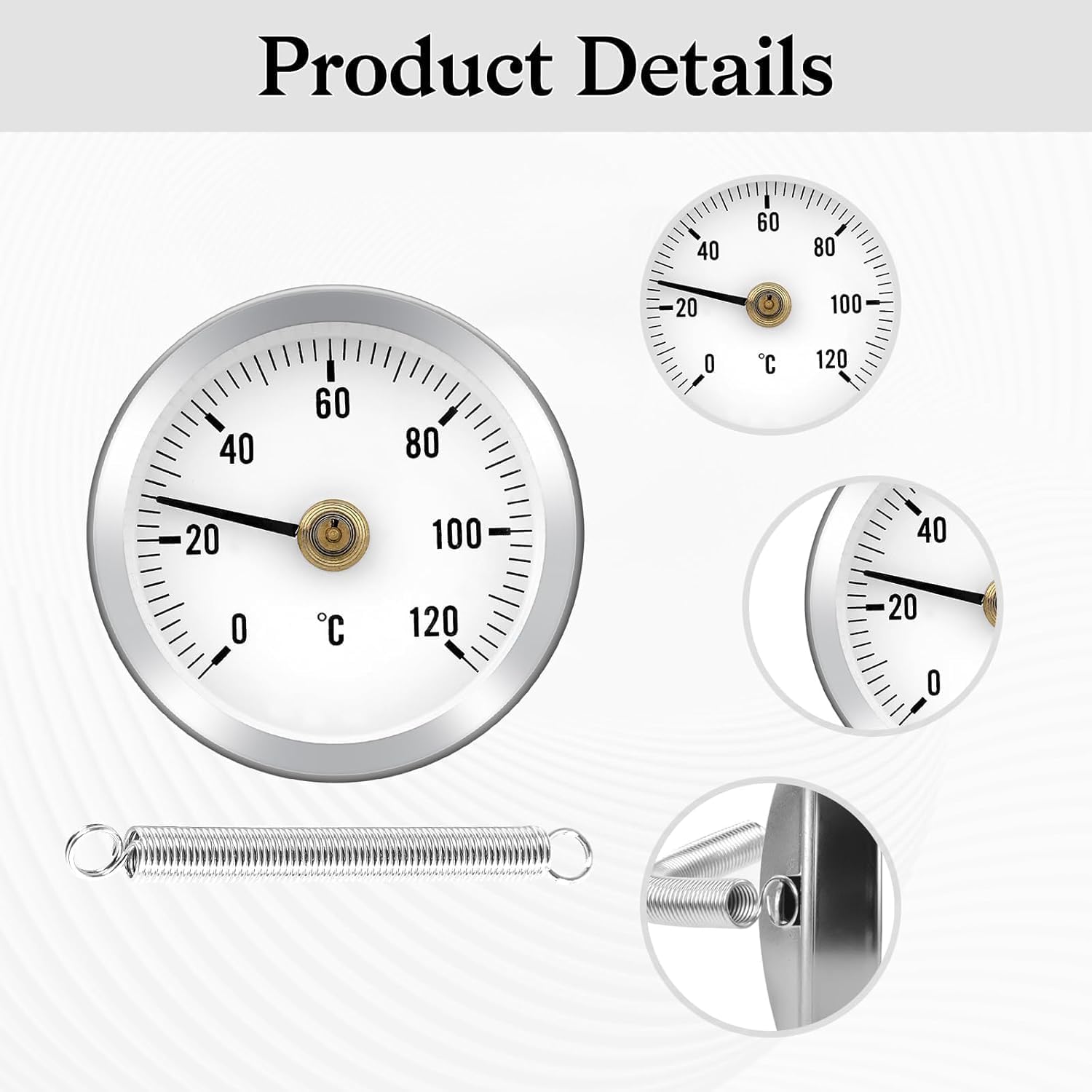 2 Stück Anlegethermometer Heizungsrohr 0-120C 63MM, Heizkörper-Thermostat zur Temperaturregelung an Radiatorrohren mit bimetallischem Federstahlkontakt und Edelstahloberfläche