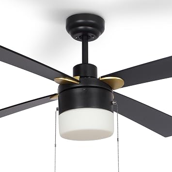 SMAAIR 52" Pull Chain Ceiling Fans with Lights for Bedroom, Low Profile Modern Ceiling Fan with Light, 4 Blades, Dimmable, DC Motor, Indoor Use, Black/Gold