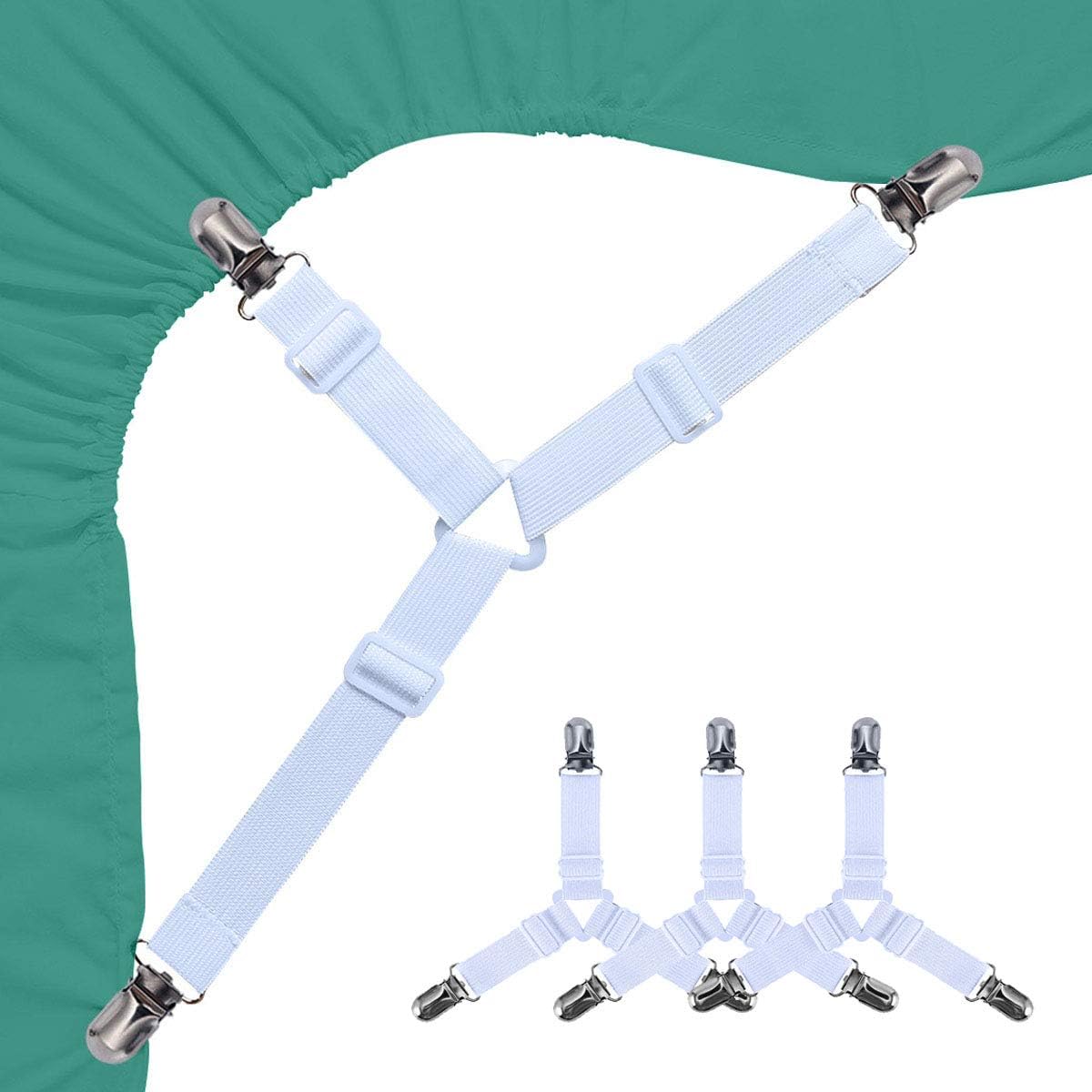 Siaomo Bed Sheet Stays Clips - 3 Way Adjustable Bed Sheet Fasteners Straps Fitted Sheet Corner Holder Grippers for Cal King Queen Full Twin Mattress Cover(4Pcs Triangle White)