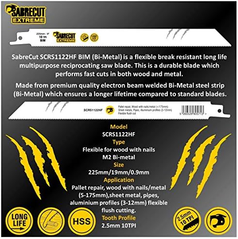 10 x SabreCut SCRSK10A Mixed S644D S922BF S922HF S1122HF S1122BF S1531L S2345X Fast Wood and Metal Cutting Reciprocating Sabre Saw Blades Compatible with Bosch Dewalt Makita and many others