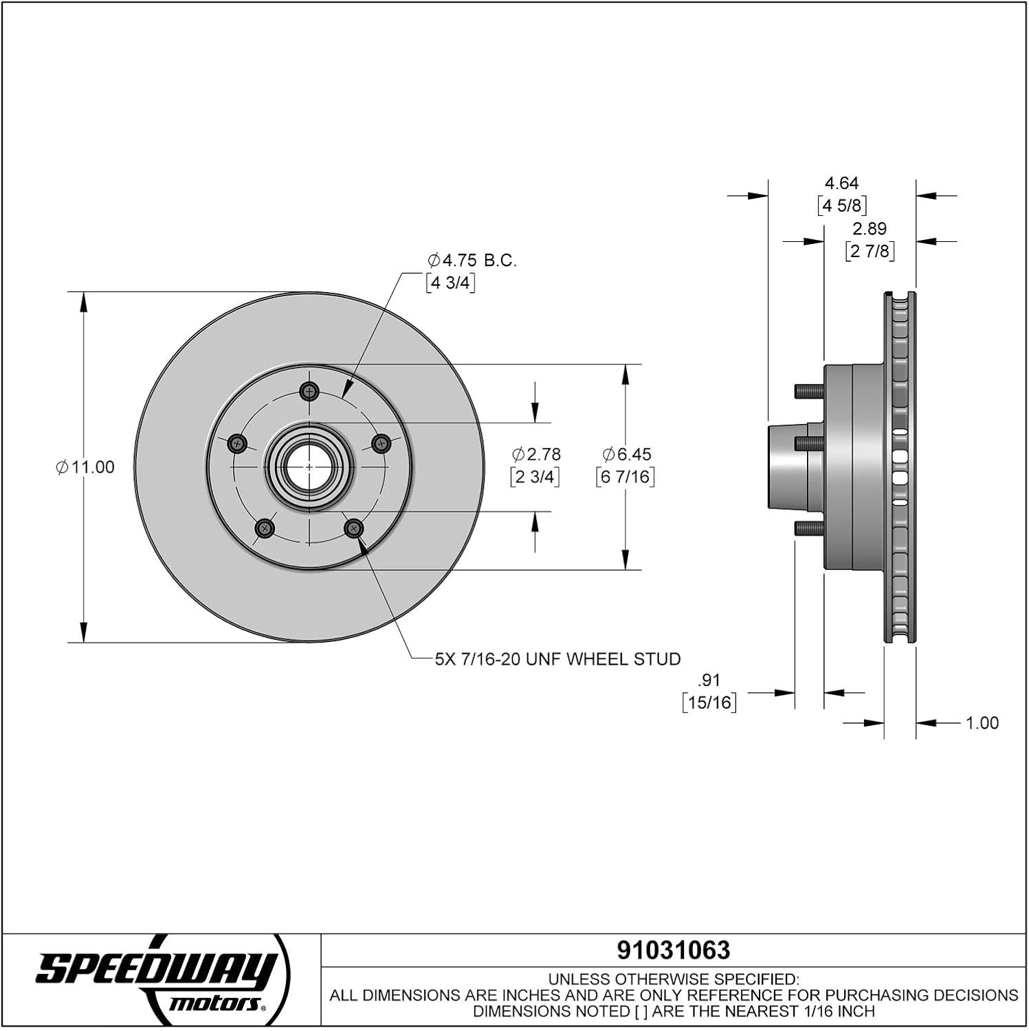 Speedway Motors 1973-77 Midsize 11 Inch Front Disc Brake Rotor Vented Cast Iron with 5 on 4.75 Bolt Pattern Wheel Studs Installed OEM Replacement Plain Face